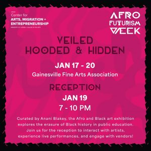 Flyer for AFW Veiled Hooded and Hidden Art Exhibition Reception at GFAA Jan 19, 7 - 10 PM. Curated by Anani Blakey, the Afro and Black art Exhibition explores the erasure of Black history in public education. Join us for the reception to interact with artists, experience live performances, and engage with vendors!