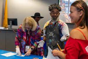 Turbado facilitating the block printing workshop